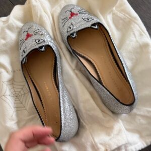 Charlotte Olympia Glitter Silver Cat Loafers